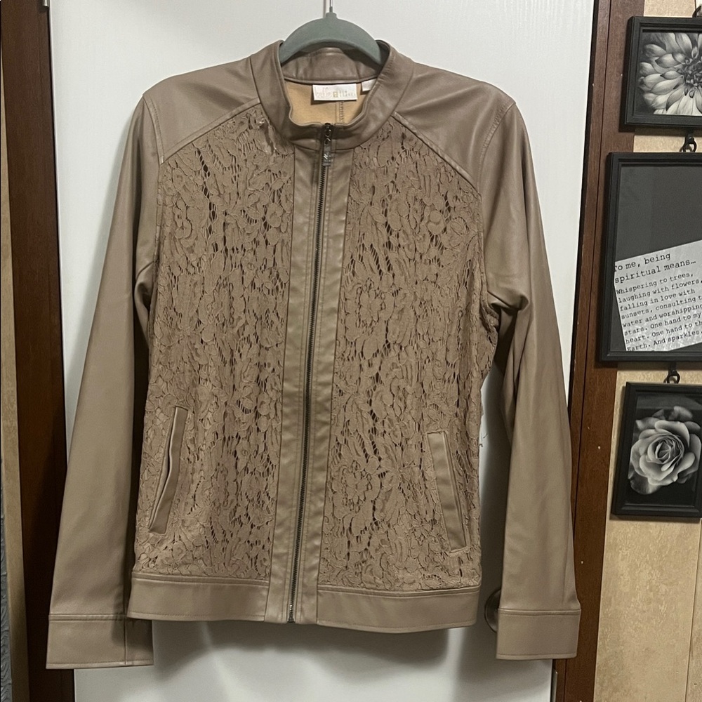 Belle by Kim Gravel Beige Leather Jacket with Lace Accent